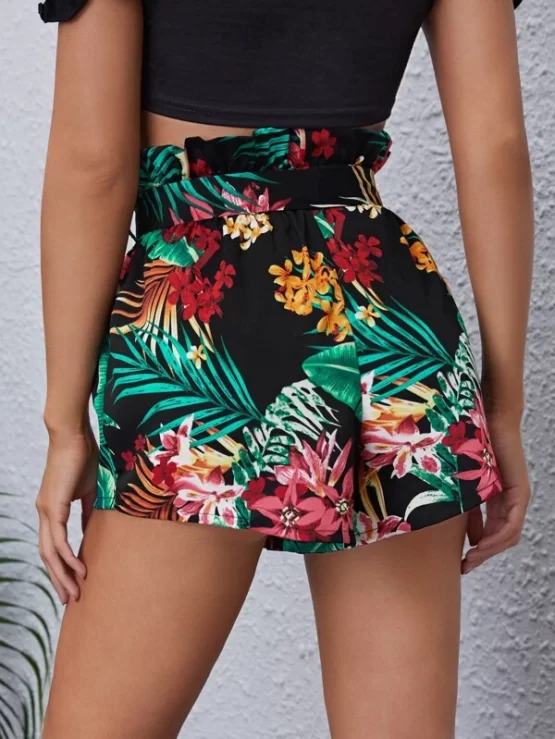 Tropical Print Paperbag Belted Waist Shorts - Image 3