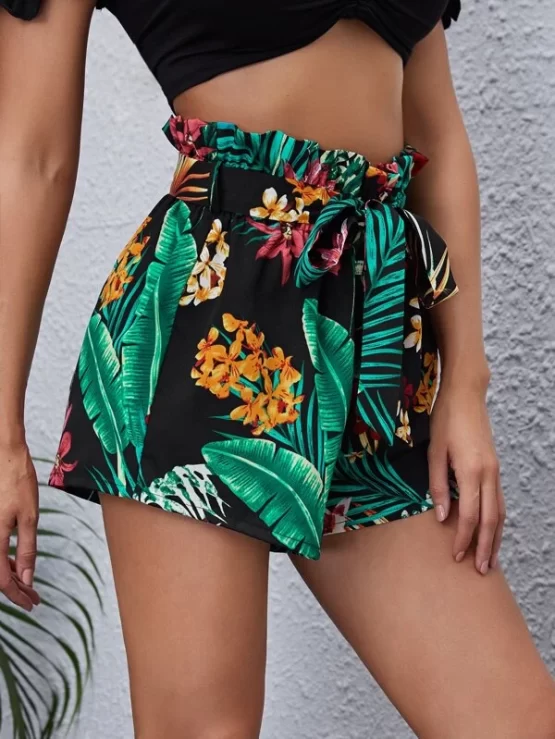 Tropical Print Paperbag Belted Waist Shorts - Image 2