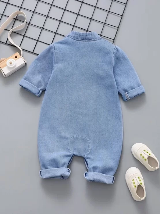 Baby Boy Cartoon Embroidery Flap Detail Denim Sleeve Jumpsuit - Image 5
