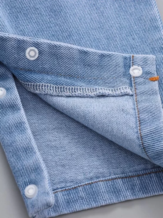 Baby Boy Cartoon Embroidery Flap Detail Denim Sleeve Jumpsuit - Image 4