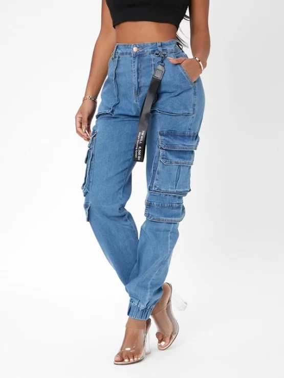 High Waisted Flap Tape Detail Cargo Pocket Jeans - Image 3