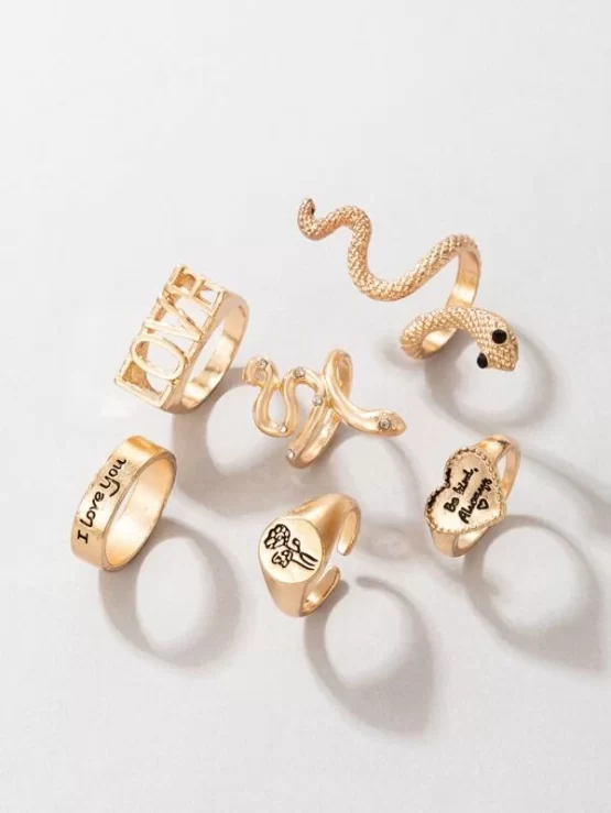 Six Pieces Funky Flowers Heart Snake Design Ring - Image 3