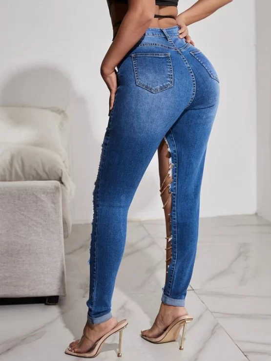 Ripped Button Chain Cut Out Detail High Waist Jeans - Image 3
