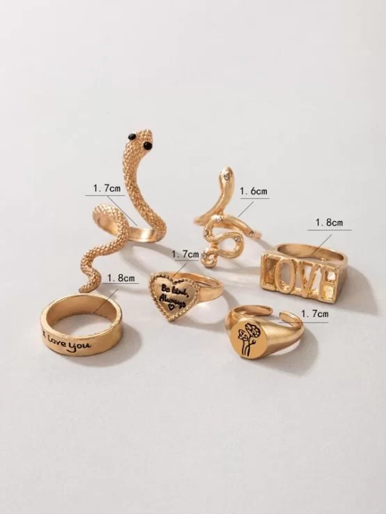 Six Pieces Funky Flowers Heart Snake Design Ring - Image 2