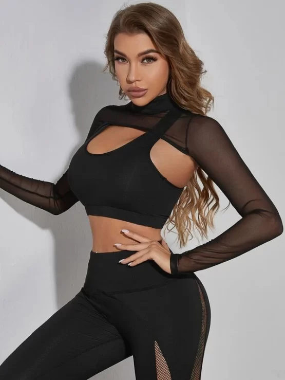 Racerback Solid Crop Sports Bra With Sheer Mesh Super Crop Top - Image 2