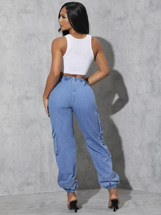 High Waist Zipper Fly Flap Cargo Pocket Jeans - Image 2