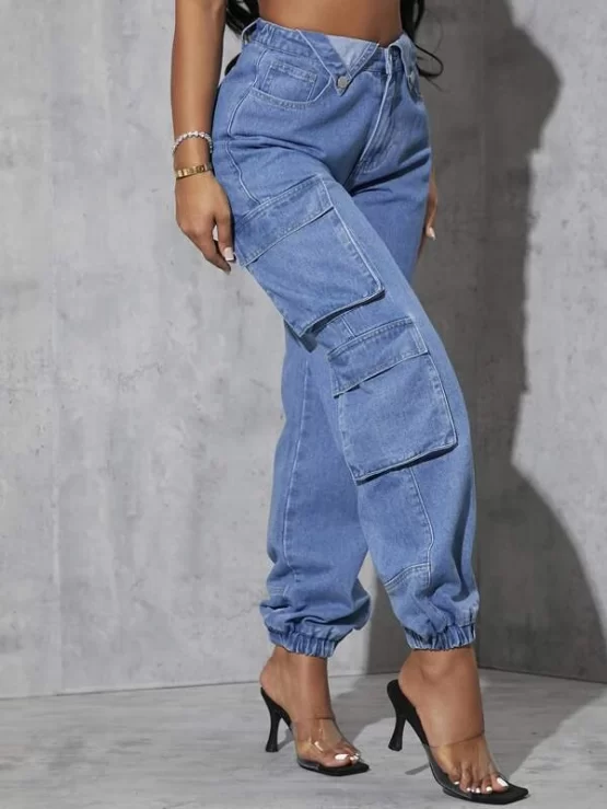 High Waist Zipper Fly Flap Cargo Pocket Jeans - Image 3