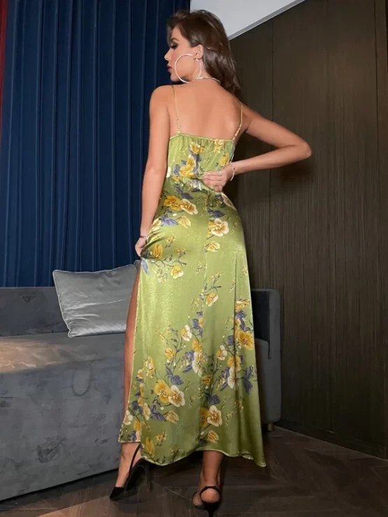 Floral Print Knot Front Split Thigh Satin Cami Dress - Image 2