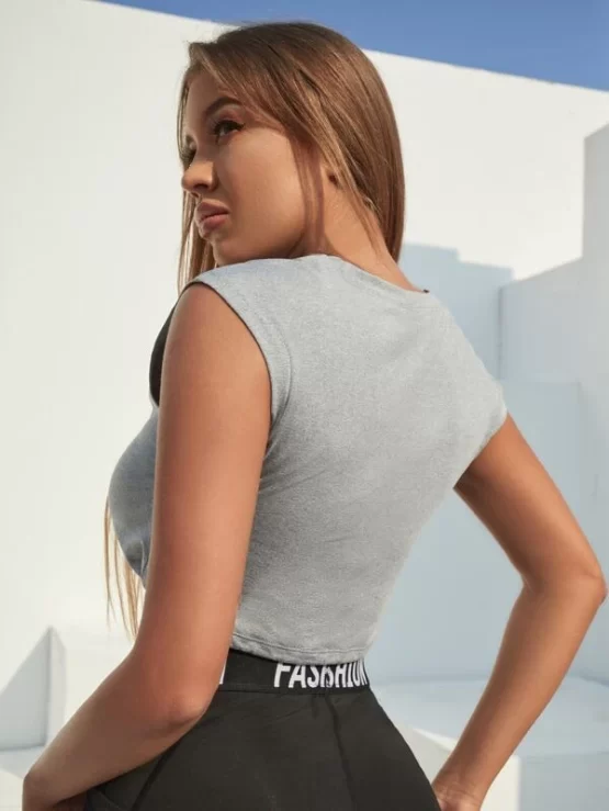 Solid Drawstring Hem Breathable Softness Crop Sports Tank Top - Image 3