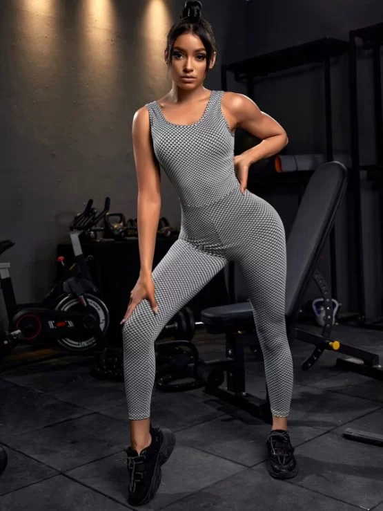 Honeycomb Textured Cut Out Unitard Sports Jumpsuit - Image 3