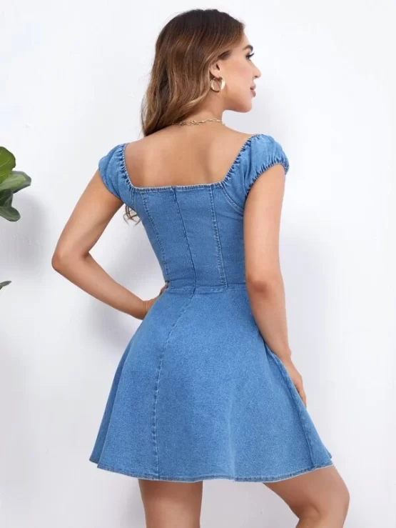 Washed Sexy Lace Up Zip Denim Back Dress - Image 2