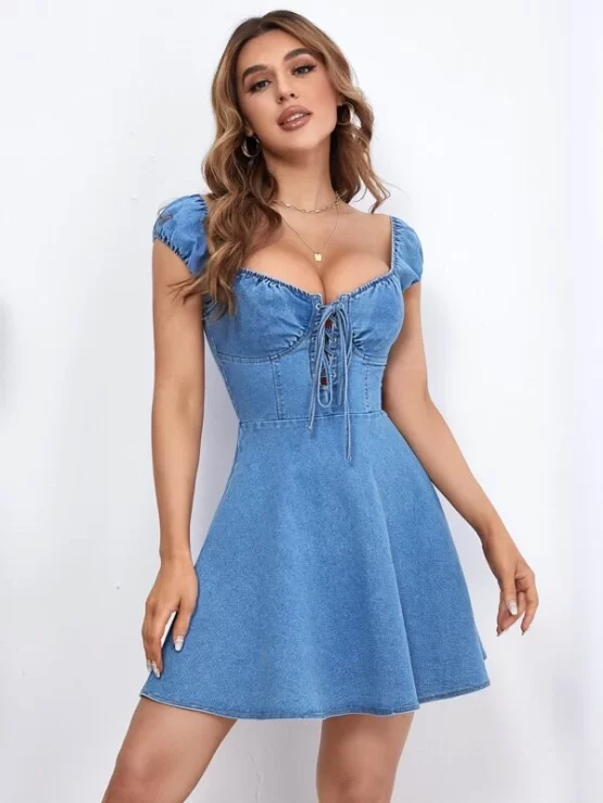 Washed Sexy Lace Up Zip Denim Back Dress - Image 3