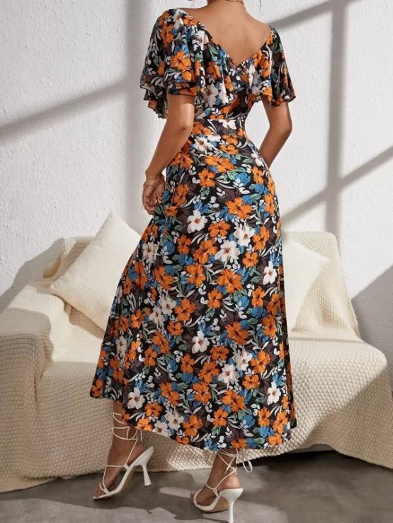 Floral All Over Print Ruffle Split Thigh Dress - Image 3