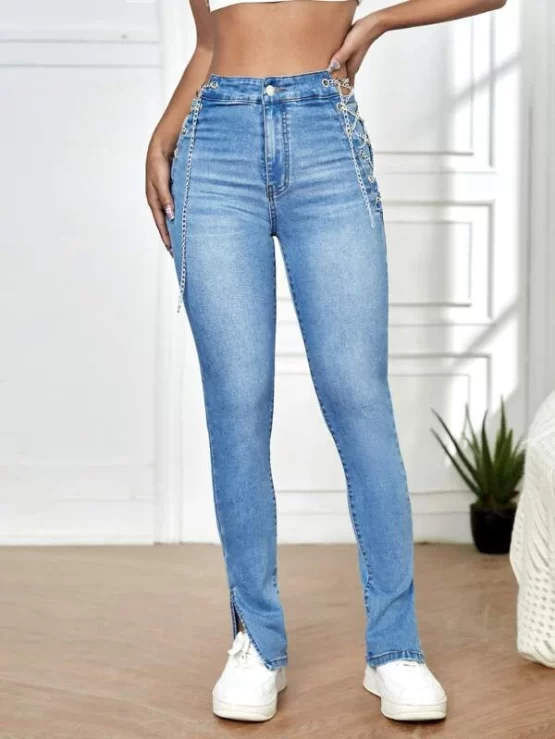 Chain Lace Up Split Zipper Hem High Waist Jeans - Image 2