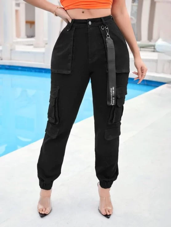 High Waisted Flap Tape Detail Cargo Pocket Jeans - Image 4