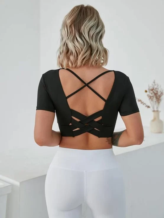 Criss Cross Plain Sexy Back Sports Crop Tee - Image 2