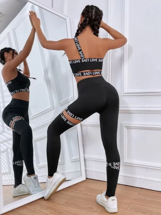 Cut Out Contrast Letter Tape One Shoulder Sports Set - Image 3