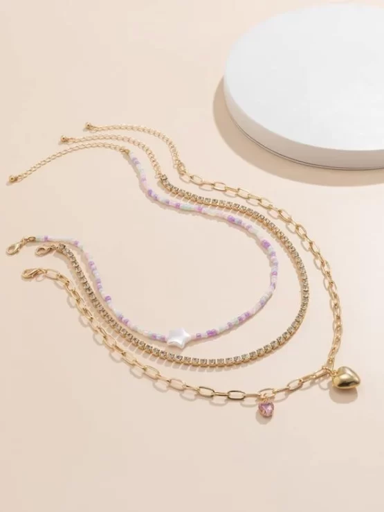 Three Pieces Rhinestone Decor Heart Pendant Necklace - Image 2