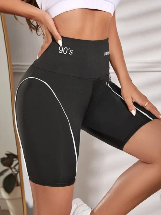 Wideband Waist Letter Graphic Seam Detail Sports Biker Shorts - Image 2