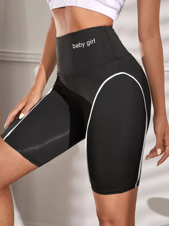 Wideband Waist Letter Graphic Seam Detail Sports Biker Shorts - Image 3