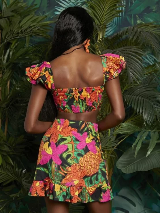 Floral Butterfly Ruffle Cut Out Sleeve Dress - Image 3