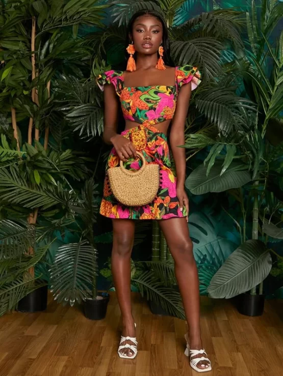 Floral Butterfly Ruffle Cut Out Sleeve Dress - Image 2