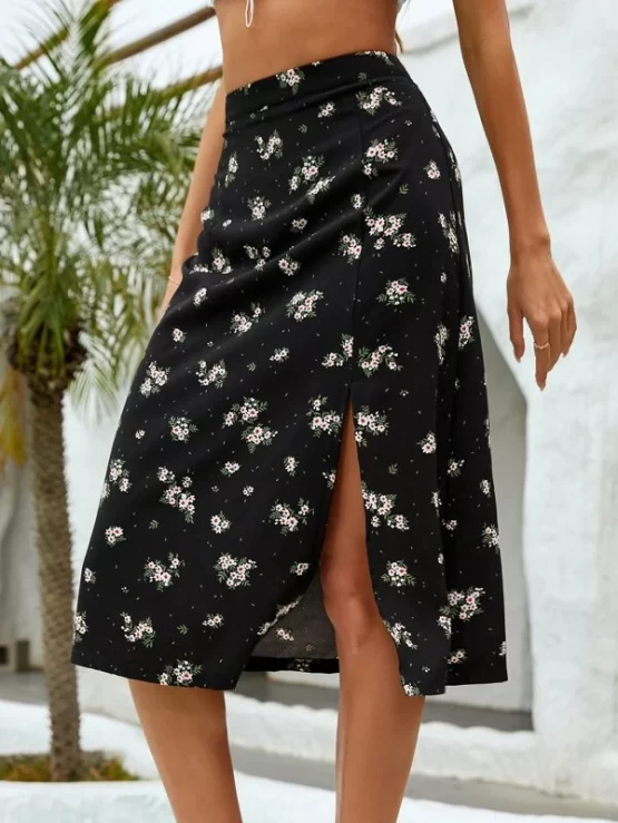 Ditsy Floral Boho High Waist Split Thigh Skirt - Image 2