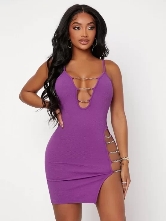Chain Detail Plunging Neck Slit Hem Bodycon Dress - Image 2