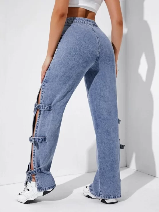 Split Zipper Fly Buckle Straps Detail High Waist Jeans - Image 2