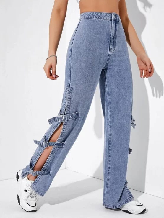 Split Zipper Fly Buckle Straps Detail High Waist Jeans - Image 3