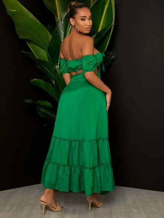 Off Shoulder Ruffle Hem Tie Front Top & Wrap Skirt - Image 2