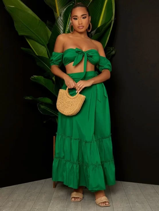 Off Shoulder Ruffle Hem Tie Front Top & Wrap Skirt - Image 3