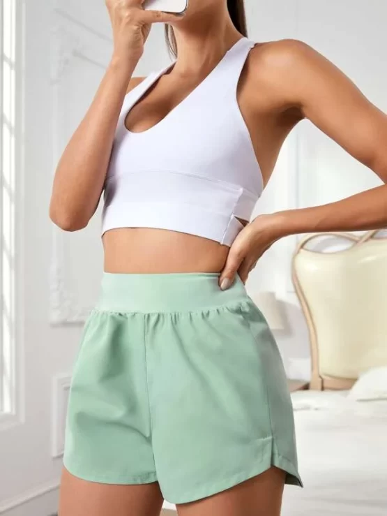 Split Plain High Waist Hem Sports Shorts - Image 3