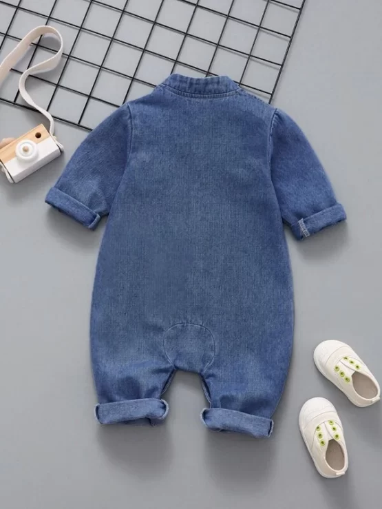 Baby Boy Cartoon Embroidery Flap Detail Denim Sleeve Jumpsuit - Image 2