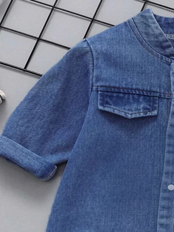 Baby Boy Cartoon Embroidery Flap Detail Denim Sleeve Jumpsuit - Image 3