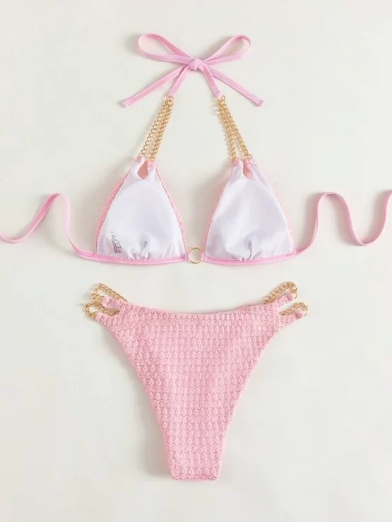 Ring Linked Chain Detail Tie Back Micro Triangle Bikini Swimsuit - Image 2