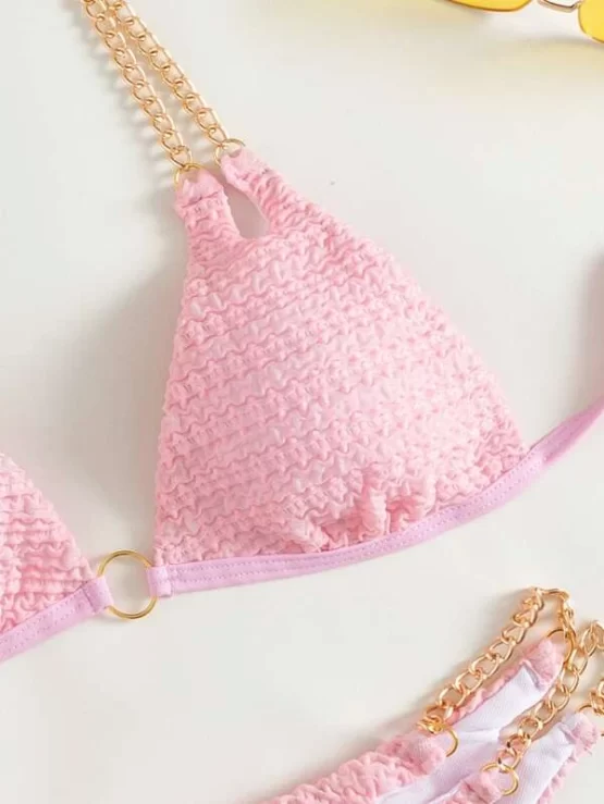 Ring Linked Chain Detail Tie Back Micro Triangle Bikini Swimsuit - Image 3