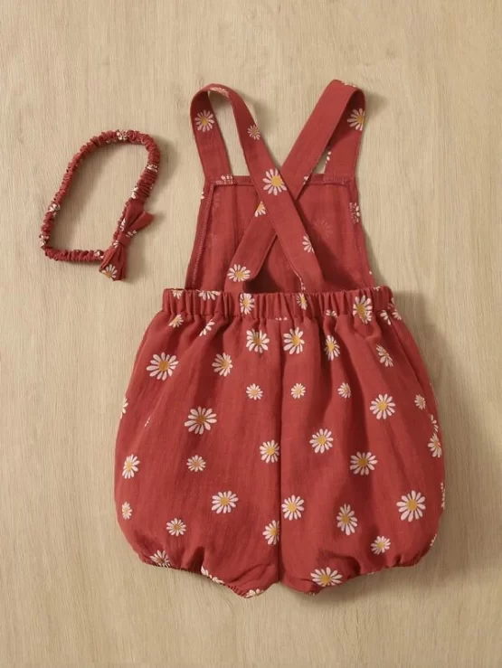 Baby Floral Criss Cross Back Print Romper With Headband - Image 3