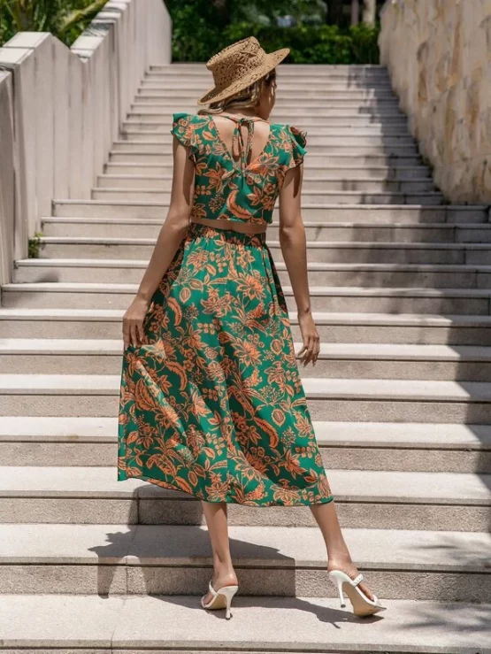 Floral Print Ruffle Sleeve Tie Back Crop Top & Skirt - Image 3