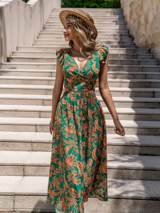 Floral Print Ruffle Sleeve Tie Back Crop Top & Skirt - Image 2
