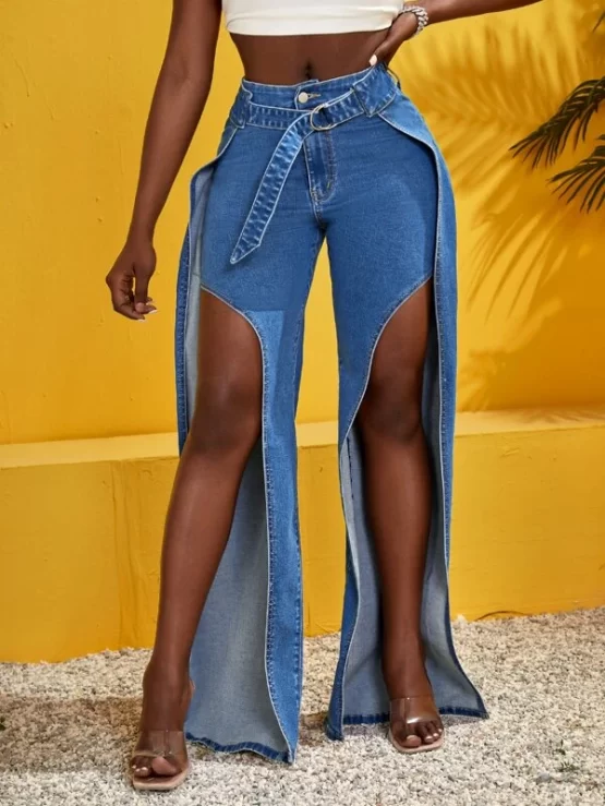 Wrap Split Plain Zipper Fly Thigh Belted Jeans - Image 3