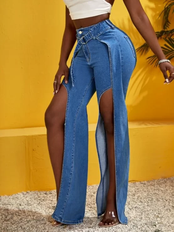 Wrap Split Plain Zipper Fly Thigh Belted Jeans - Image 2