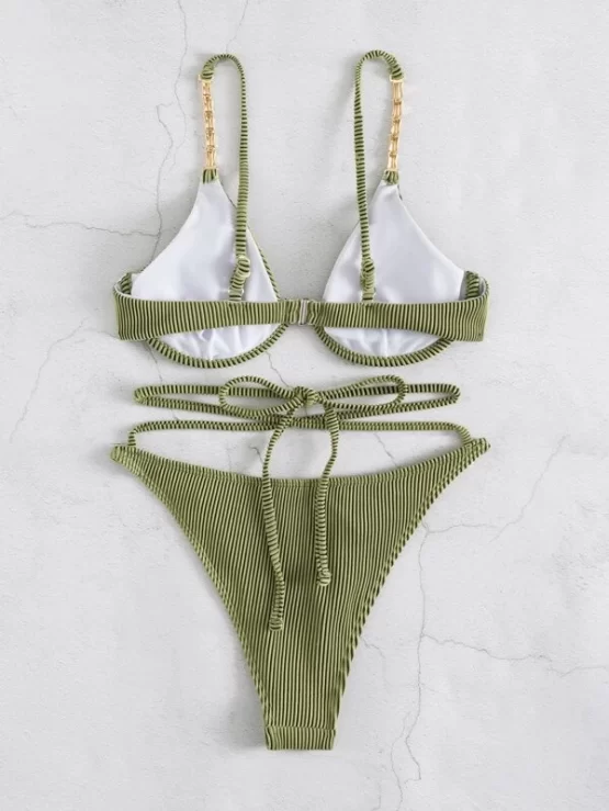 Rib Chain Linked Lace Up Underwire Bikini Swimsuit - Image 2