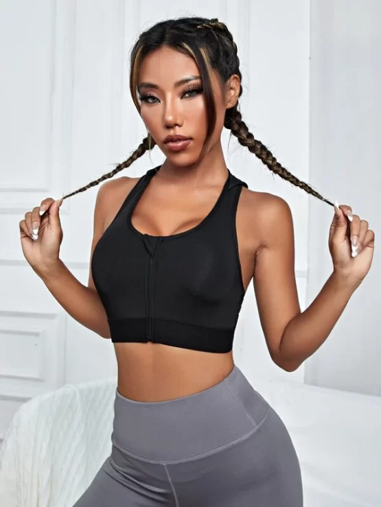 Light Support Letter Tape Contrast Mesh Hooded Sports Bra - Image 2