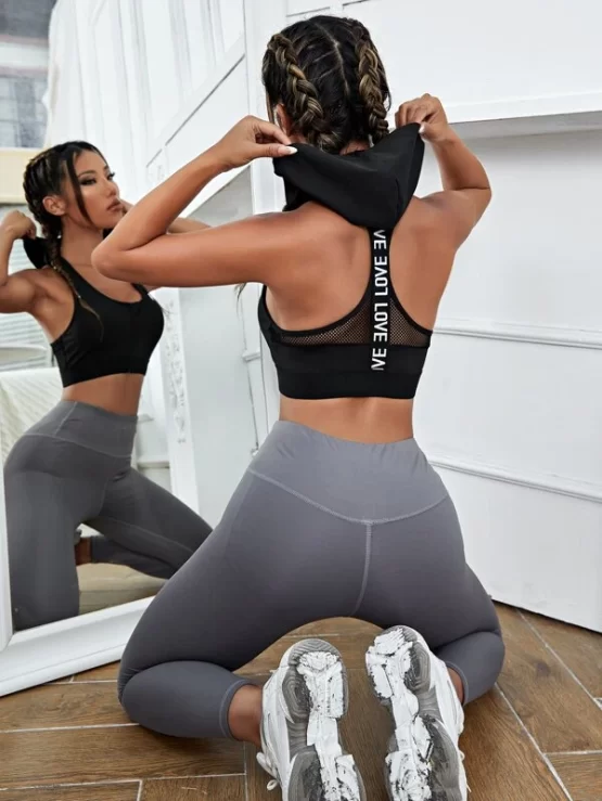 Light Support Letter Tape Contrast Mesh Hooded Sports Bra - Image 3