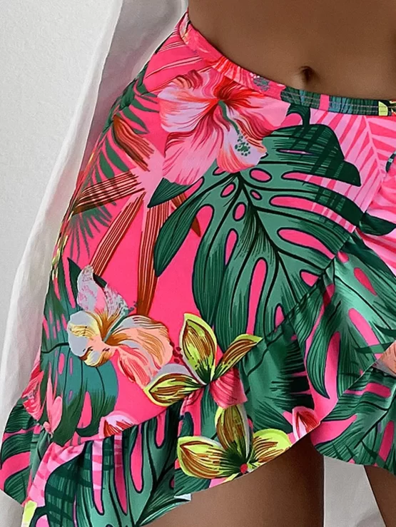 Tropical Print Ruffle Trim Bikini Swimsuit With Beach Skirt - Image 3