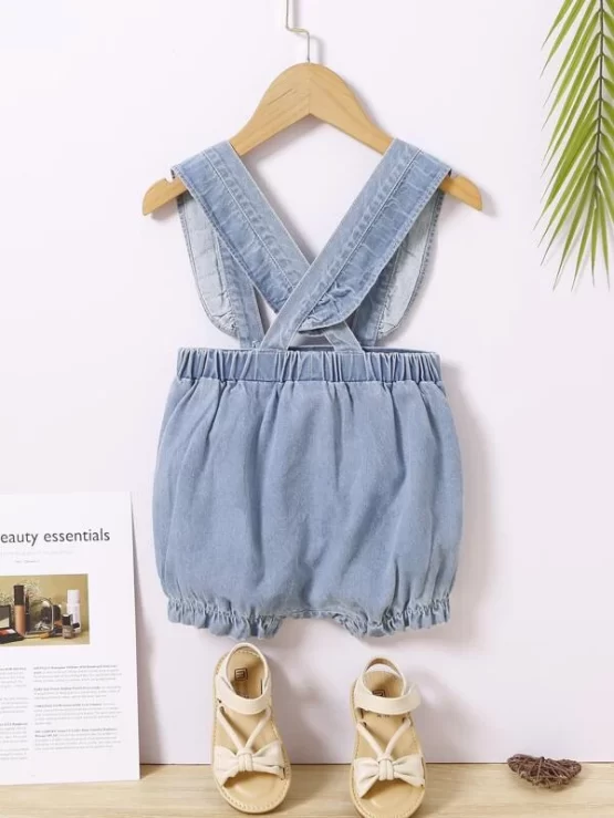 Baby Plain Button Ruffle Trim Overall Romper - Image 2