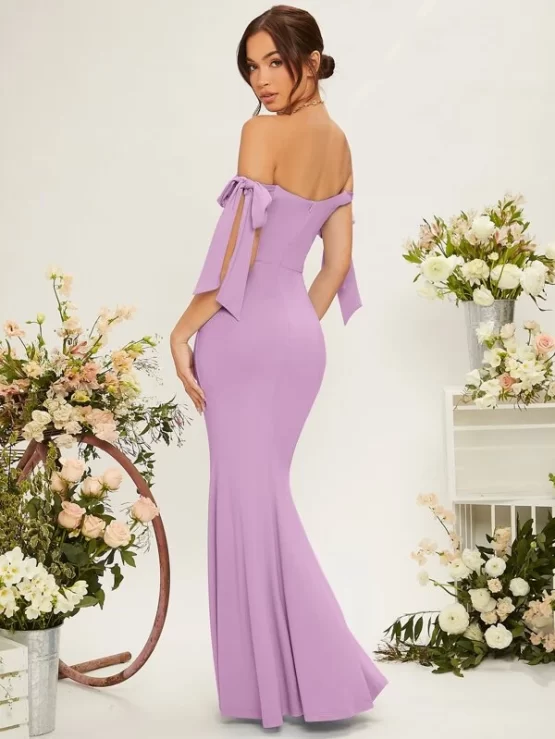 Off Shoulder Knot Side Ruched Wrap Bridesmaid Hem Dress - Image 4