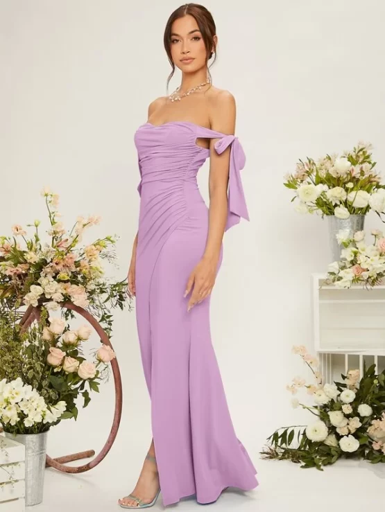 Off Shoulder Knot Side Ruched Wrap Bridesmaid Hem Dress - Image 5