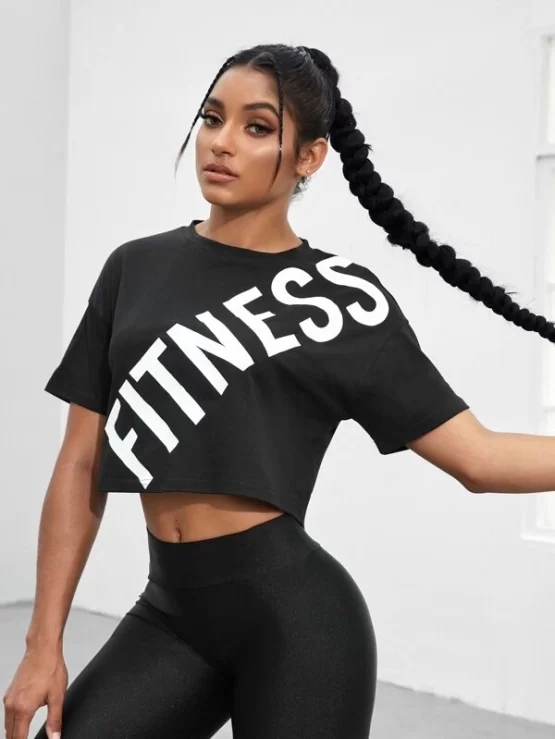 Letter Graphic Drop Shoulder Crop Sports Tee - Image 2